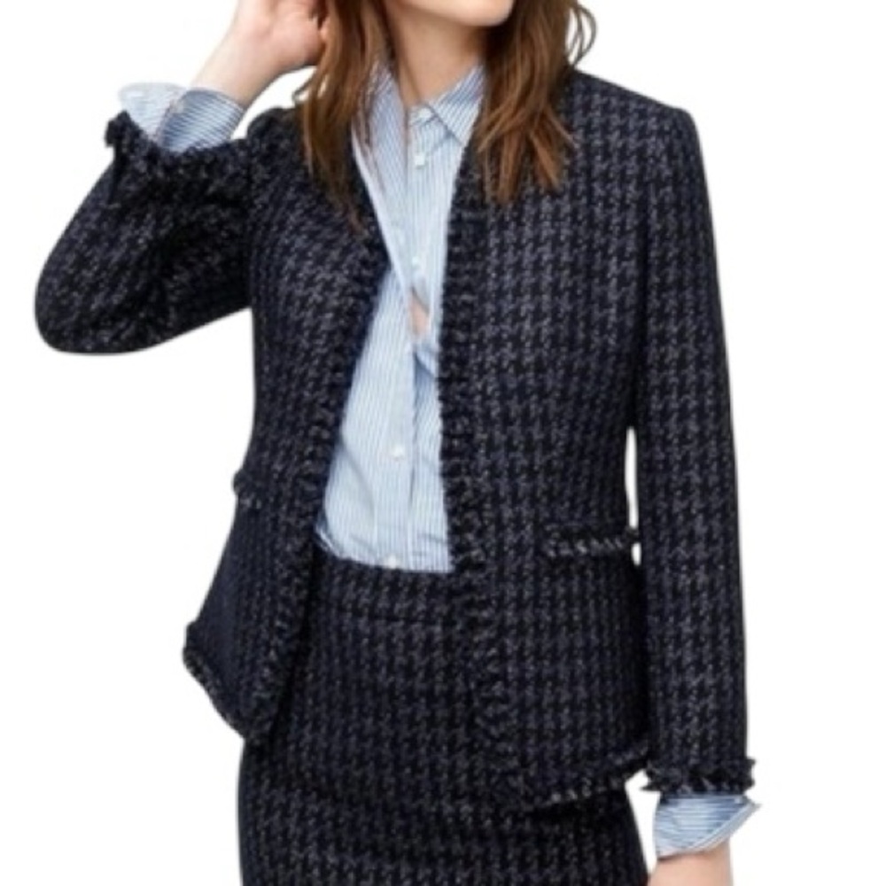 LN J. Crew Going Out Blue Black Silver Houndstooth Fringe Detail Blazer - 2